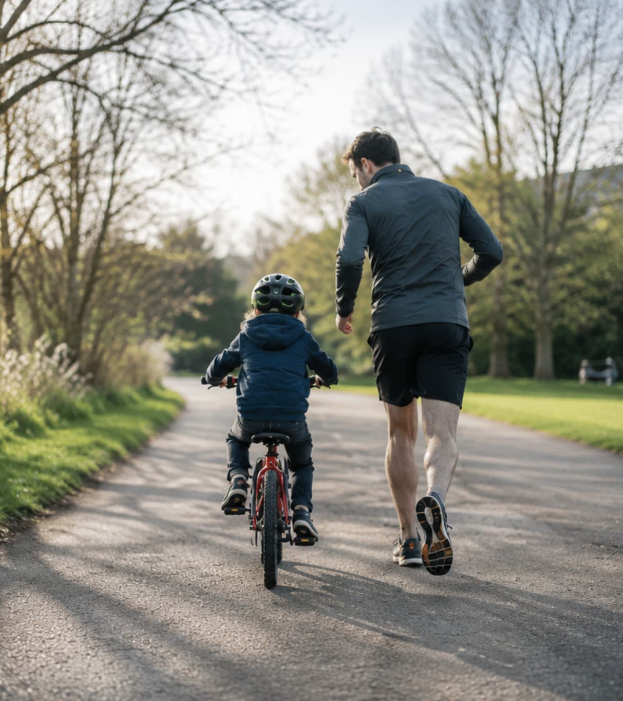 A parent out running beside their child learning to ride a bike on a sunlit path
