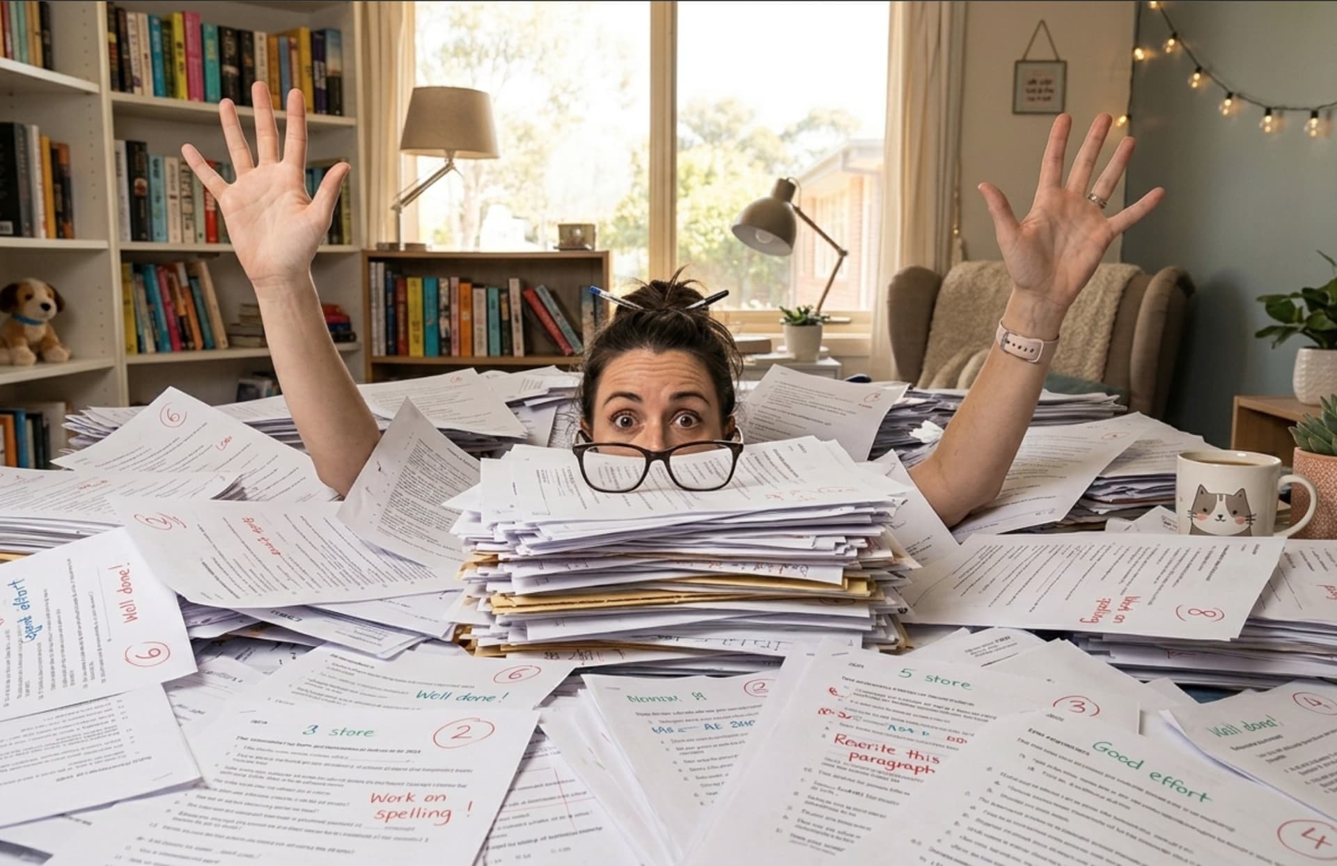 A teacher buried under towering stacks of marked exam papers at home